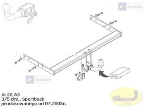Hak holowniczy AUDI A3 3/5 drz. Sportback od 07.2008 Hak automatyczny wypinany poziomo