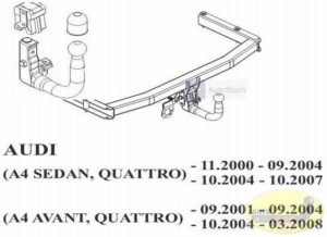 Hak holowniczy AUDI A4 B6 4 drz. Quattro 11.2000/09.2004 hak wypinany pionowo