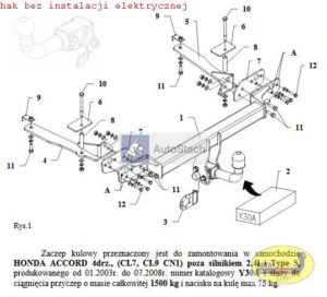 hak holowniczy HONDA ACCORD 4 drz . 01.2003 / 07.2008 (CL7, CL9 CN1), poza silnikiem 2,4l i Type S AUTOMAT 